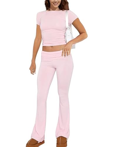 ABINGOO Tuta da Donna Casual 2 Pezzi a Maniche Lunghe Aderente Crop Top Svasati a Vita Bassa Pantaloni Lounge Set Yoga Tuta(Z-Rosa,S)