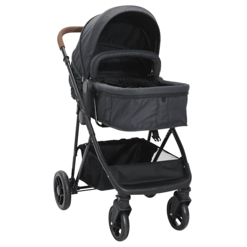 Cochecito de bebé 2 en 1 de acero antracita negro con asiento ajustable, cochecito de bebé fácil de plegar, para niños a partir de nacimiento, con cinturón de seguridad de 5 puntos y espacio de