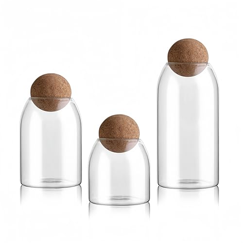 NBBENG Bocal avec couvercle hermétique en liège en forme de boule, pot à bonbons transparent avec joint en liège pour épices, sucre, café, biscuits, bonbons, 500 ml, 800 ml, 1000 ml
