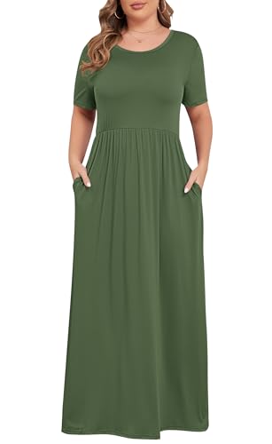 Image of KARALIN Women Plus Size Maxi Dress Short Sleeve Round Neck Loose Fit A-Line | Plus Size Long Dress,Summer Casual Maxi Dresses,Short Sleeve,Side Pockets,Round Neck,Elastic Waist,14 Plus - 26 Plus