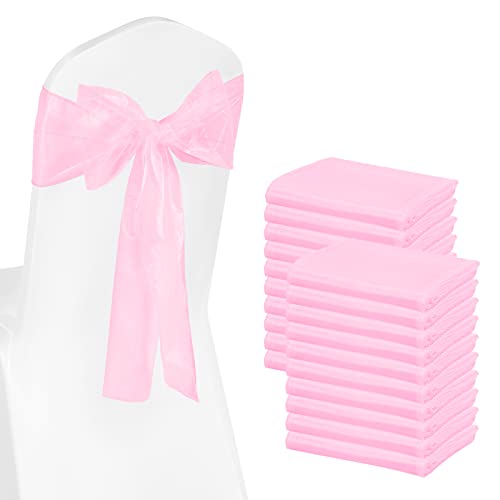 60 Pièces Écharpes en Organza, Noeuds de Couverture de Chaise en Organza pour Mariage, Noeuds de Chaise Plus Pleins pour Banquet/Mariage/Anniversaire/Fêtes/Événement Décoration (18x275cm,Rose Clair) Cover