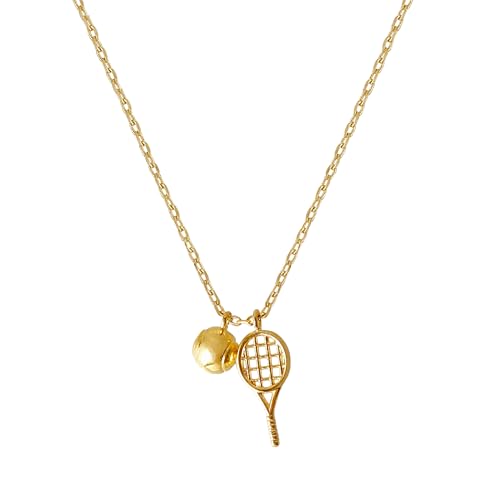 Tennis Racket with Ball Charm Pendant Necklace 18K Gold Dipped Tiny Dainty Tennis Racquets Tennis Ball Racket Necklace (Gold)