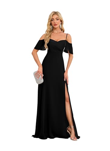 Image of Plus Size Chiffon Bridesmaid Wedding Guest Dresses Off The Shoulder A Line Formal Evening Gowns US16W HGR93 Black