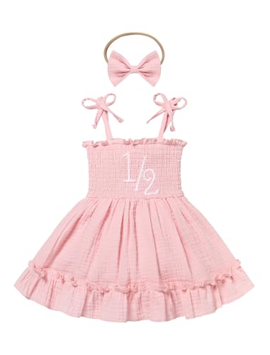 IMEKIS Half Birthday Outfit Girl: Halfway to One Cake Smash Photoshoot Toddler Baby Fairy Boho Bubble Romper Summer Smocked Dress Clothes Pink 1/2 6-9 Months