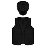 DiULi Disfraz de Niño Victoriano Pobre, Conjunto de 2 Piezas de Disfraces Castañero Niños, Chaleco Victoriana y Gorro, Traje de Época Pobre para Carnaval, Halloween, Mascarada (Negro-Talla M)