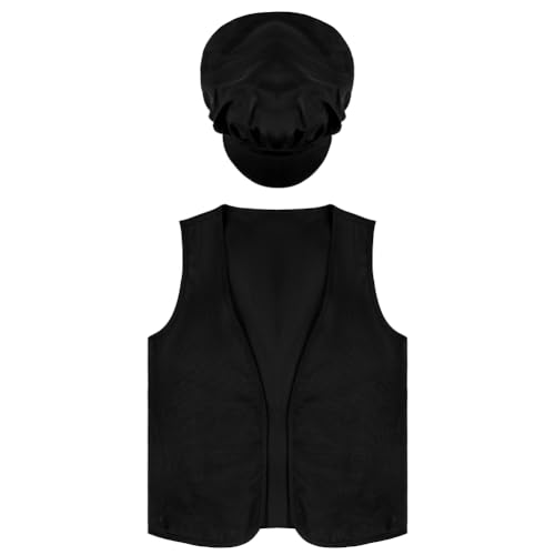DiULi Disfraz de Niño Victoriano Pobre, Conjunto de 2 Piezas de Disfraces Castañero Niños, Chaleco Victoriana y Gorro, Traje de Época Pobre para Carnaval, Halloween, Mascarada (Negro Talla M)