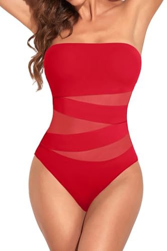 Image of Holipick Women Strapless Bandeau One Piece Swimsuits Sexy Mesh Cutout Bathing Suits Tummy Control Swimwear