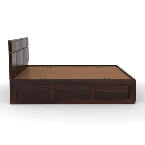 Image of Solid Sheesham Wood King Size Bed with Storage | Modern Wooden Bed with Box Storage | Strong Durable Bed Frame with Designer Headboard | Ideal for Bedroom Home & Hotel (Walnut Finish)