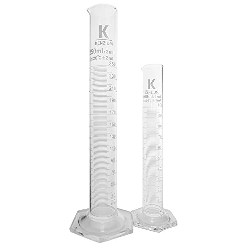 KENZIUM - Pack 2 x Probetas Graduadas | 2 volúmenes: 100 ml y 250 ml | de Vidrio Borosilicato 3.3 | Base Hexagonal | Para Laboratorio y Experimentos Escolares Cover
