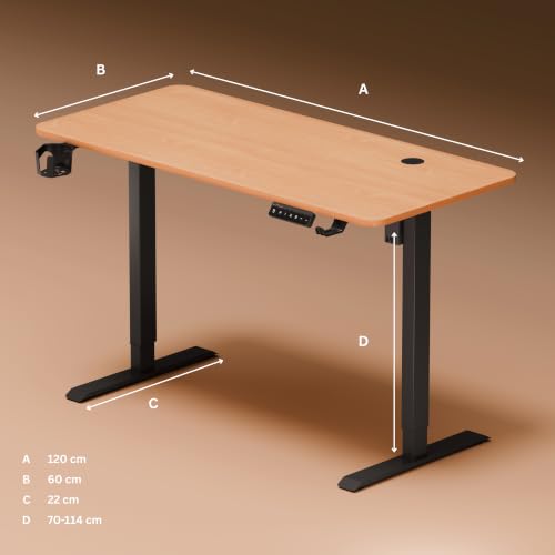 Image of Dr Luxur Electric Standing Desk | Height Adjustable 70-114cm | 80kg Load | 3 Memory Presets | Zero Wobble | Child Lock | Low Noise Motor | 5 Year Warranty | Metallic Frame (Estate Oak, 1200 * 600 mm)