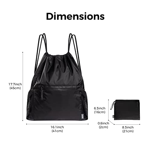 Pack All Drawstring Bag Backpack, Water-Resistant Sports Gym Sack Bag, Lightweight Training String Bag With Waterproof Zipper Pocket And Water Bottle Holder(Black) #TOP7