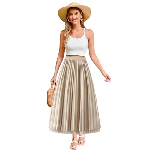Women's Winter Reversible Stretchy Waist Knitted A Line Pleated Midi Skirt Tulle Skirt Elastic High Waist Midi Skirt, Apricot2