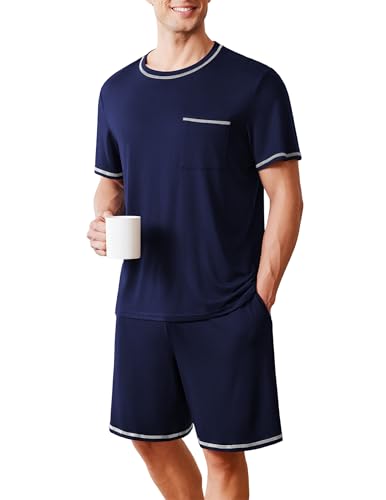 Image of Ekouaer Men's Pajamas Set Casual Short Sleeve Shirts and Shorts Soft 2 Piece Loungewear With Pockets