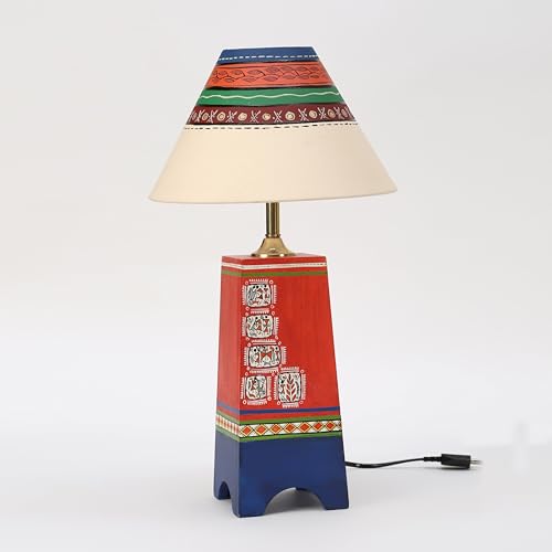 Image of AAKRITI ART CREATIONS Pyramid-I Wooden Table Lamp in Red with Wali Art Paintings & White Shade | Multi Color Wooden Lamp | Matte Finish Home Decor Lamp