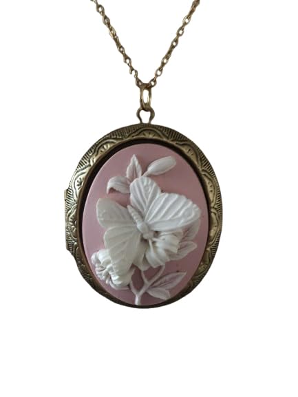 Médaillon porte-photo camée papillon blanc collier pendentif ouvrant vintage