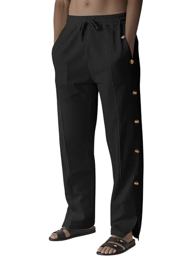 Mens Linen Pants Summer Casual Button Straight Beach Pants Baggy Elastic Waist Drawstring Yoga Trousers with Pockets