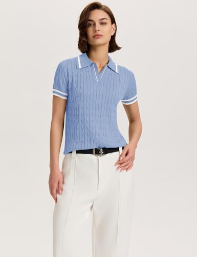 Image of Micoson Womens Short Sleeve Sweater Tops Lapel V Neck Polo Shirts 2026 Summer Cable Knit Loose Blouse Business Casual Outfits