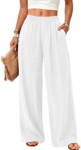 Rapbin Leinenhose Damen Sommerhose Leicht Stoffhose mit Taschen | leichter Leinenstoff, weites Bein, elastischer Bund, Seitentaschen, luftige Sommerhose fuer Alltag Strand Urlaub