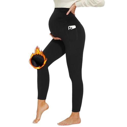 DDOBB Leggings de maternidad para mujer con bolsillos, cintura alta, opacos, suaves, elásticos, ropa de maternidad, hogar, yoga, deporte, Black Thermoleggins, XL