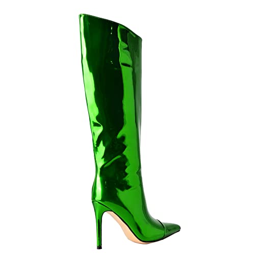 Image of Arqa Knee High Boots for Women Wide Calf 4 in Stiletto High Heel Metallic Boots Winter Chrome Zipper Long Boots Dressy Party Shoes