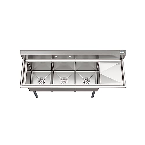Image of KoolMore 63 in. Three Compartment 18-Gauge Stainless-Steel NSF Commercial Kitchen Sink, Bowl Size 15x15x14, with Three Basins and Pre-Drilled Faucet Holes for Restaurants and Cafes (KM-SC151514-15R3)