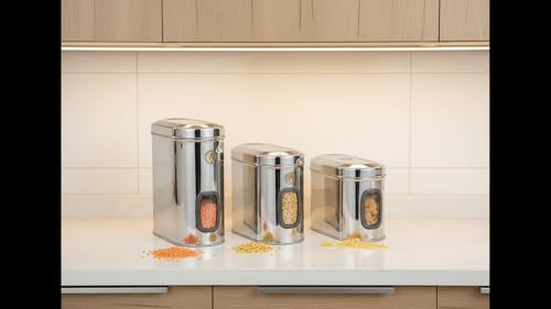 Image of Stainless Steel Capsule Food Canisters /Jars /Containers for Kitchen Storage with See Through Window - set of 1, 1850 ml capacity, 10 cm Diameter, Silver