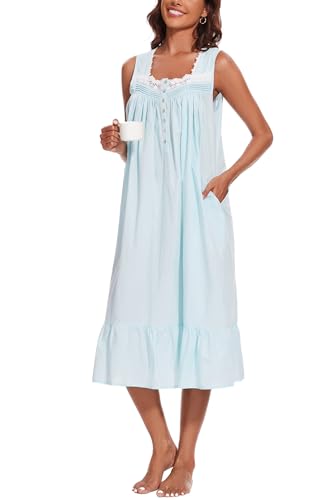 Image of AVIIER 100% Cotton Nightgowns for Women Sleeveless Sleep Dress Ladies Gowns Sleepwear with Pockets