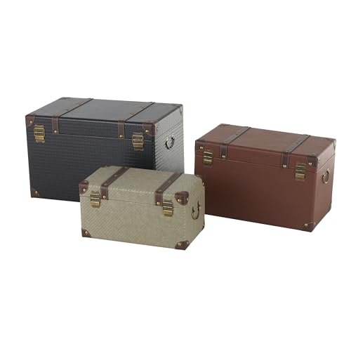 Image of Deco 79 Wooden Decorative Trunk Vintage Studded Woven Storage Decorative Large Boxes with Brown Buckle Straps, Set of 3 Storage Trunks 24 inch, 21 inch, 18 inchH, Multi Colored
