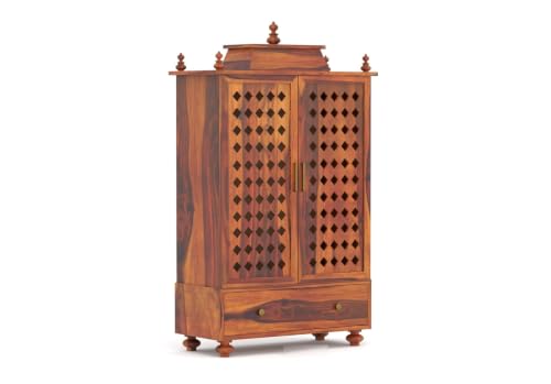 Image of Solid Sheesham Wood Temple for Home & Office /Mandir /God Stand /Pooja Stand /Home Mandap /Mandapam with Cabinet Doors & Multiple Storage (Honey-1, Large)