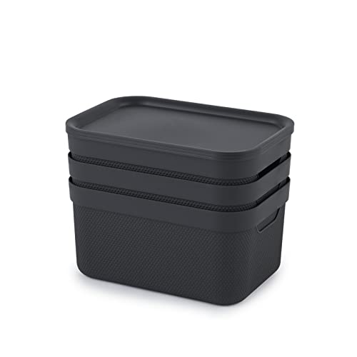 Jive Dekobox 3er-Set Aufbewahrungsbox 5l mit Deckel, Kunststoff (PP recycelt), dunkelgrau, 3x5l (27.8 x 19.5 x 22.4 cm), Schwarz, Nicht zutreffend