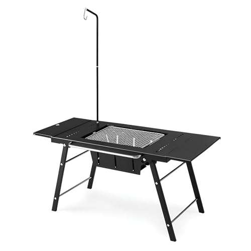 Mesa De Barbacoa Portátil, Parrilla De Carbón Plegable con Extensión De Mesa Y Soporte para Linterna, para Asar Al Aire Libre, Acampar, Cocinar, Viajar Y Hacer Picnics