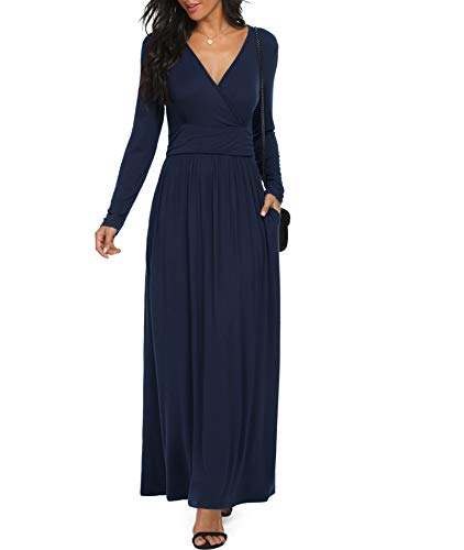 Image of LILBETTER Women Long Sleeve Deep V Neck Loose Plain Long Maxi Casual Dress