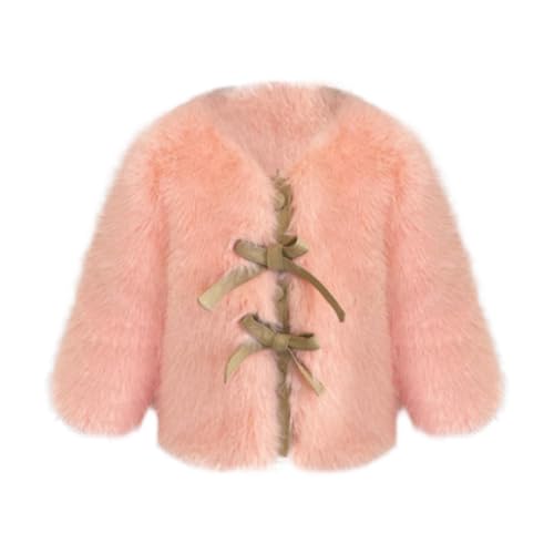 Girls Fleece Faux 𝗙𝘂r Jacket Bowknot Tie Long Sleeve Crewneck Warm Loose Outwear Winter Solid Windproof Coat