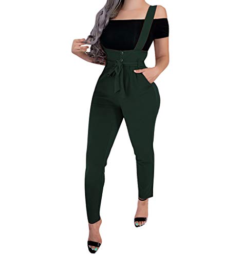 Women's High Waist Jumpsuit Overall Adjustable Strap Suspender Pants Long Skinny Trousers (Green, M)