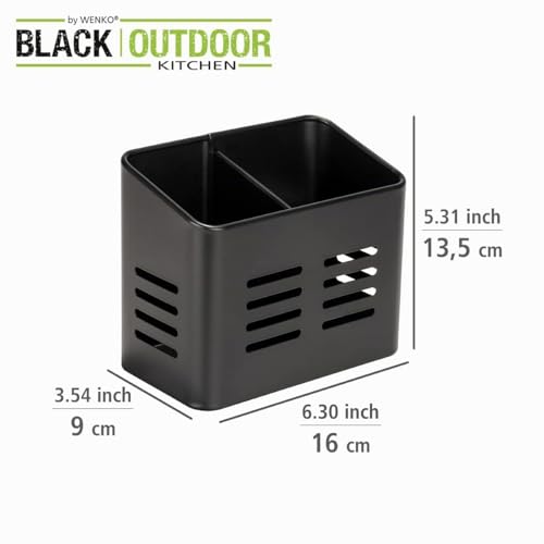 Miniatura 3 de Wenko Cesto De Cubertería Baco, Cesta Black Outdoor Kitchen De Metal Recubierto De Polvo En Color Negro Para Cubiertos, También Sirve De Escurreplatos Gracias A Sus Agujeros De Base, 16 X 13,5 X 9 Cm