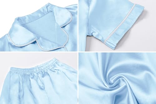 Image of Umeyda Women & Girls Pajamas Set, Soft Satin Lightweight Silk Button-Down Top with Shorts 2 Piece PJS for Mom Boys Kids Gifts