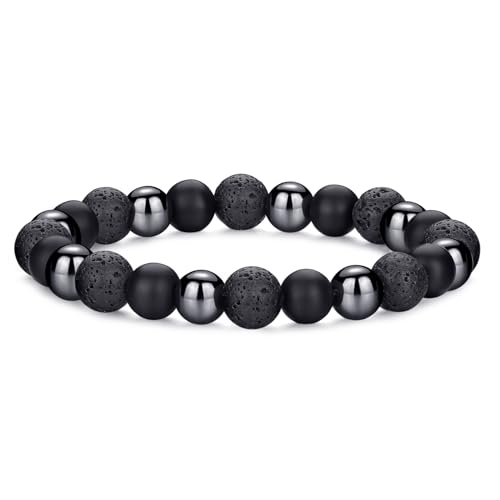 RANKEEF Mens Beaded Bracelets Lightweight 8mm Natural Stone Bracelet for Men Bead Bracelets Various Black Beaded Bracelet for Men Adjustable Stretch Lava Rock Bracelets