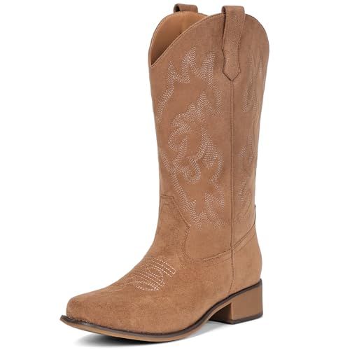 Image of IUV Cowboy Boots For Women Square Toe Wide Mid Calf Western Pull On Suede Fashion Black Brown Cowgirl Boots