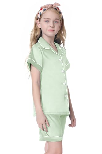 Image of Umeyda Women & Girls Pajamas Set, 2 Piece PJS Satin Silk Sleepwear Button-Down Top with Shorts for Mom Kids Gifts