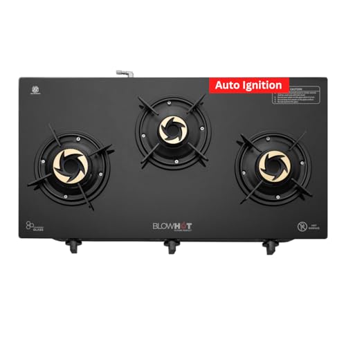 BLOWHOT Auto Ignition 3 Tornado Burner Gas Stove, Toughened Glass, Black Powder Coated Body, 1 Year General Warranty By Blowhot - Opal 3 Auto (Burner, Gas Valve and Glass -2 Years)