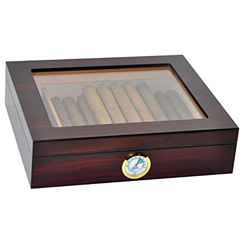 DUCIHBA Cigar Humidors Holds 20-25 Cigars Box, Tempered Glass Top Display, Handcraft Spanish Cedar Wood Desktop Storage Cigar Case with Divider, Humidifier and Hygrometer, Walnut Brown & Black Cover