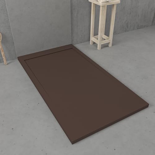 VAROBATH | Plato de Ducha URBANSTONE – Material Resina con Carga Mineral y Textura Pizarra Antideslizante C3 – Incluye Válvula Desagüe y Rejilla (Marrón RAL8017, 80x150)