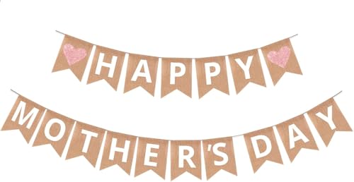 Mother's Day Banner Decorations Burlap, Happy Mother's Day Decor Sign Pre-Strung Indoor Outdoor Hanging Decor for Home Fireplace Mantel Party Supplies Photo Props