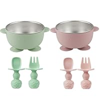 PandaEar 6 Pack Stainless Steel Baby Bowls and Spoons Set, 2 Baby Bowls with Suction & 4 Silicone Baby Utensils Set, Non-Slip Toddler Bowls with Silicone Sleeve & Anti-Choke Spoon Fork