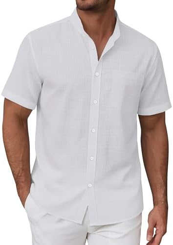 siliteelon Leinenhemd Herren Kurzarm Stehkragen Sommerhemd Freizeithemd Regular Fit Kragenloses Leinenshirt Standhemd