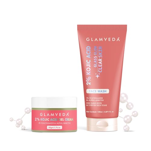 Image of Glamveda 2% Kojic Acid Skin Care Combo | Brightening Facewash & Gel Cream | Remove Fades Dark Spots, Pigmentation & Acne Scars | Evens Skin Tone | Blemishes & Boosts Radiance | Women & Men 200ml
