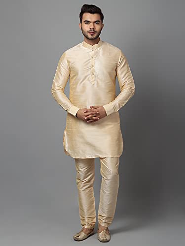 Image of Uri and MacKenzie Men's Silk Blend Solid Pathani Kurta with Readymade Pajama Pant Set