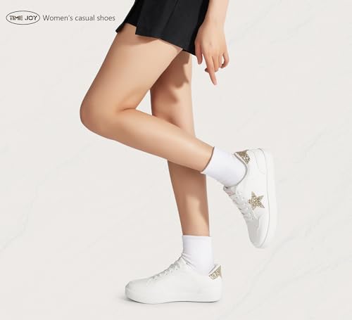 TIMEJOY Fashion Star Sneakers for Women Glitter Sequins Lace Up Low Top Walking Shoes Comfortable Cushioned for Party, Casual & Daily Outfits(9 US, White/Gold)