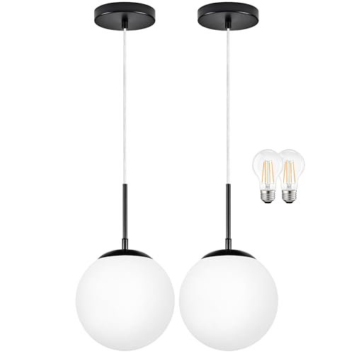 KoKo&Yukina 8" Modern Globe Pendant Light 2 Pack Mid-Century Black Pendant Lights Kitchen Island Height Adjustable Milk Glass Pendant Light Fixture for Dining Room Bedroom Hallway Sink Bulbs Incl.