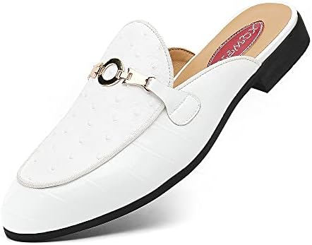 XQWFH Men's Slip-on Mule Sandals Loafer with Ostrich Texture,Fashion Leather Formal Wear Casual Backless Dress Slippers(White)